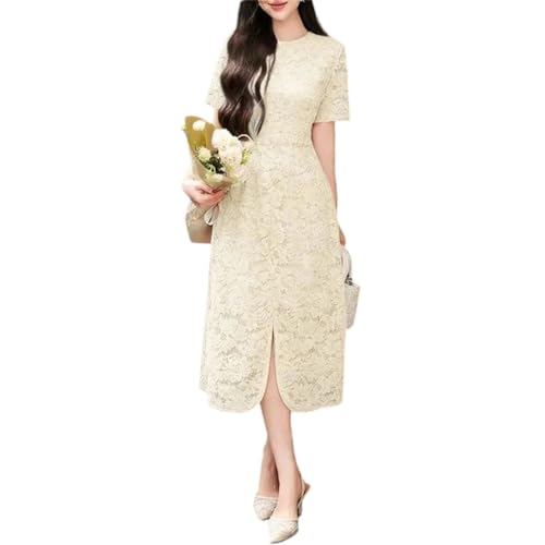 Women's Summer A-Line Lace Patchwork Embroidered Midi Dress Apricot XL