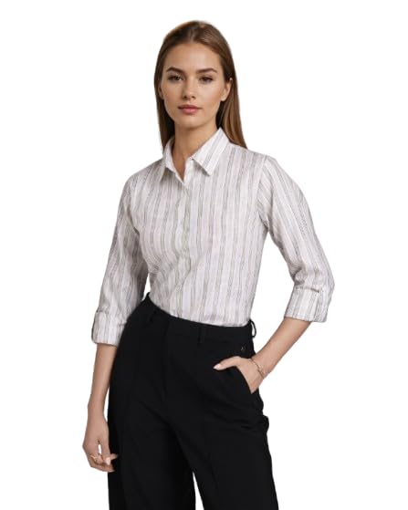 Image of Style Quotient Women Gray and White Cotton Stripe Smart Casual Shirt