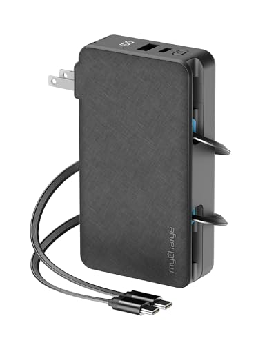 myCharge RetractaCharger 10000mAh Power Bank 28 Retractable 2 USB-C Cables | Built-in Wall Plug | 30W PD Fast Charging | Digital Battery Display | USB-C/A Ports | Up to 60 Hrs Extra Power | Black