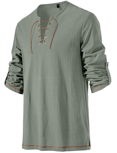 Image of JEMITOP Men's Pure Cotton Vintage Lace Up Shirts for Pirate Renaissance Viking Medieval Costume Without Belt