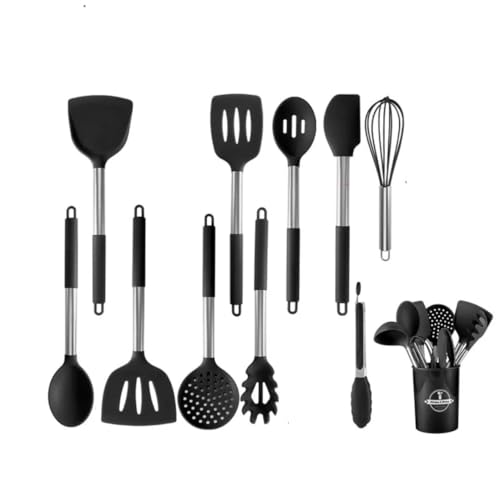 Kitchen Utensils Set with Holder – Includes Cooking Spoons Tongs & More – Heat Resistant, BPA-Free, Dishwasher Safe, Stainless Steel Handles – Kitchen Tools for Non-Stick Cookware 10 Piece and Holder