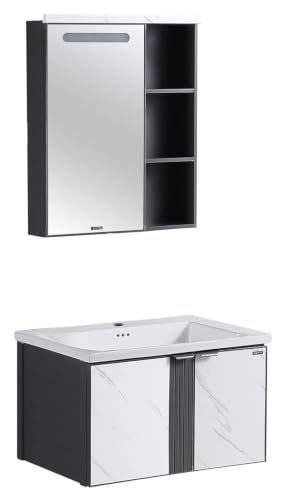 Image of Plantex Bathroom Vanity Cabinet Set /LED Light Glass Mirror Cabinet /Ceramic Basin for Bathroom - Pack of 1 (White & Black)
