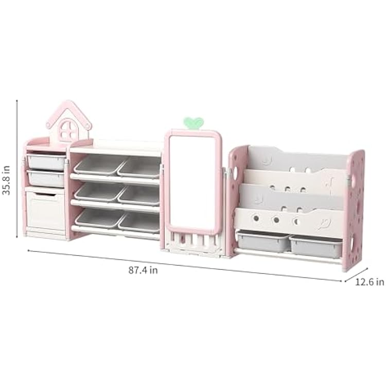 UNICOO Kids Multifunctional Toy Storage Organizer with 3-Tier Bookshelf, Storage Rack & Drawing Board, Flexible & Versatile L Shaped Organizer for Nursery, Playroom, Study Room (White & Pink)