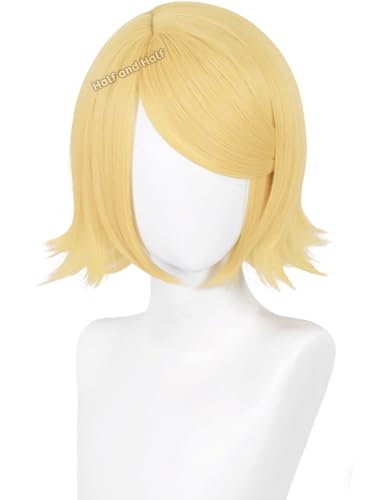 Image of Half and Half Short Blonde Side Part Anime Cosplay Wig Blonde Virtual Singer Costume Wigs Women's Light Golden Layered Hair Wig for Female Halloween Party Daily