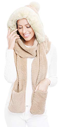 Bellady Winter Warm Women Hoodie Gloves Pocket Earflap Hat Long Scarf Shawl,Beige