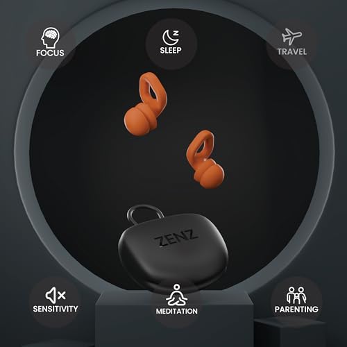 Image of Zenz Unwind Pro Ear Plugs for Sleeping, Soft Silicone Reusable Earplugs for Snoring, Yoga, Reading & Travel, 35dB Noise Reduction, 4 Sizes XS /S /M /L, Secure Fit with Case (Blaze Orange, One Size)