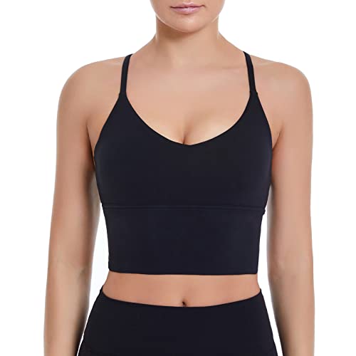 Mathacino Sports Bras Longline Fitness Crop Tops Tank Gym Camisole Yoga Running Shirts V-Neck Spaghetti Strappy Workout Yoga Crop Bra Black #TOP6
