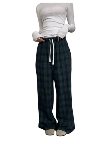 COZYEASE Women's Plaid Wide Leg Pants Drawstring Waist Casual Preppy Trousers Soft Lounge Pant