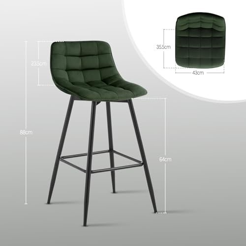 WOLTU Bar Stools Set of 2, Breakfast Kitchen Counter Barstools with Backrests and Footrests, Velvet, Dark Green