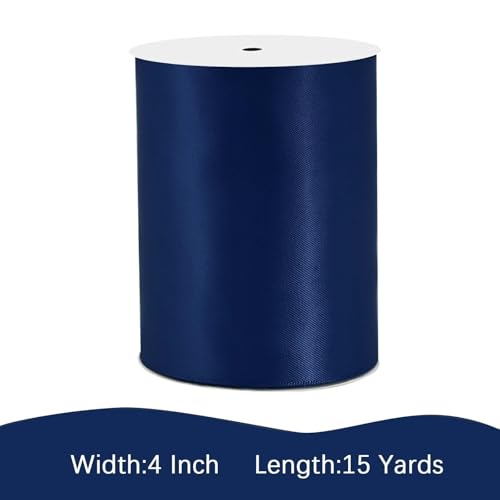 Image of Navy Blue Satin Ribbon 4 inch X 15 Yards Polyester Ribbon for Gift Wrapping Very Suitable for Weddings Party Hair Bow Invitation Decorations and More