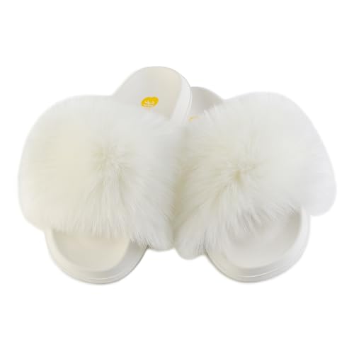 Image of Women's Faux Fur Slides, Open Toe Cute Fur Slippers, Indoor or Outdoor Comfortable Furry Slide Sandals With Fluffy Fur
