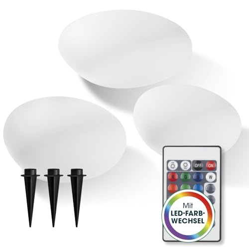 EASYmaxx LED Solarleuchte mit Fernbedienung | 3 kaltweiße Leuchten - Steine mit Solarbetrieb & Farbwechsel | dimmbare Helligkeitsstufen 12 Farben & 5 Leuchtmodi | inklusive Erdspieß & Dämmungssensor