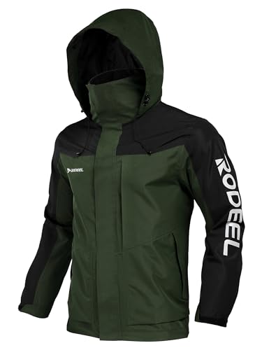 Rodeel Men's Waterproof & Windproof Jacket, Mens Shell Jacket Windbreaker with Foldaway Hood, Coat for Outdoor Camping Hiking Hunting Fishing