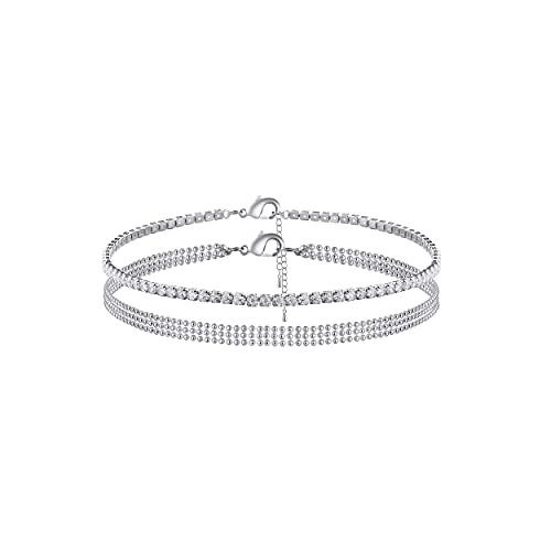 Tasiso Silver Plated Layered Rhinestone Chain Charm Anklet Cubic Zirconia Ankle Bracelet Summer Sparkling Crystal Foot Chain Jewelry For Women 8.3" #TOP3