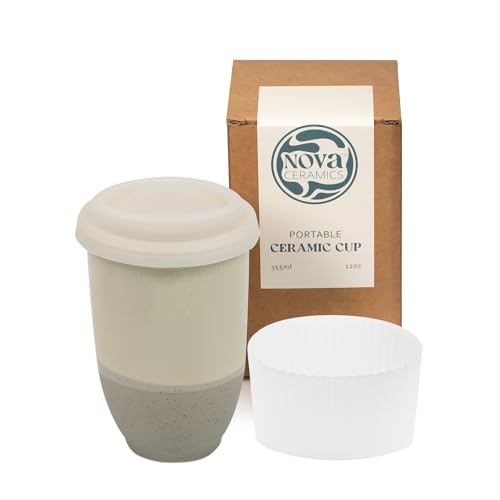 Image of NOVA CERAMICS Travel Mug - Coffee Travel Mug - Reusable Coffee Cup Unique to Go Mug - Microwave & Dishwasher Safe Coffee White Tumbler - Gifts for Women Men Him Her - 12oz - Sea Mist