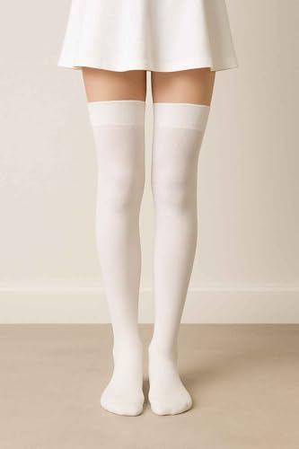 Image of AVIKAR White Thigh-High Stockings for Girls & Women | Soft Stretch Over-the-Knee Stockings | School Uniform Formal Socks | Dance & Ballet Tights | Comfortable Long Knee High Socks pack of 1