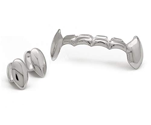 LuReen Silver Vampire Dracula Teeth Grillz 2pc Single Fangs and 6 Bottom Grillz Set