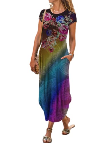 Image of Women Summer Casual Maxi Dress Floral Printed Loose Pockets Short Sleeve Split Boho Dresses