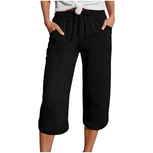 Womens Capri Pants Drawstring Elastic Waist Causal Crop Pant Summer Spring Cropped Trouser Beach Vacation Clothes
