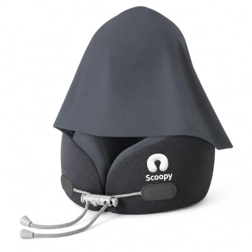 SCOOPY Hooded Travel Neck Pillow Memory Foam Neck Pillow with Adjustable Hood & Premium Elastic Washable Cover First Class Comfort for Flights, Road Trips & Sleep (Dark Navy)