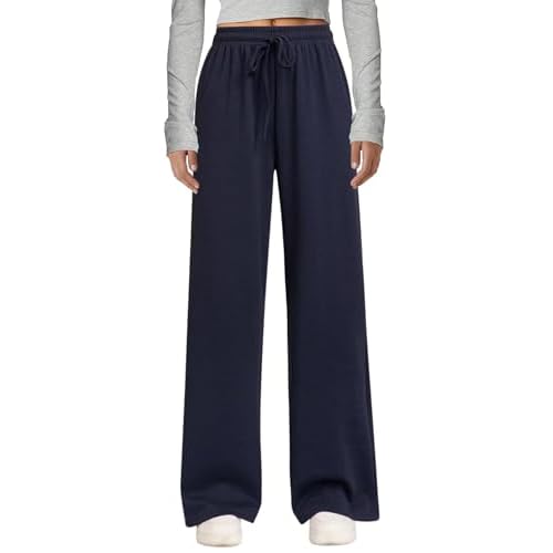 Arolina Fall Pants for Women Soft Lounge Wide Leg Sweat Pants Elastic Waist Mid-Weight Pajama Pants with Pockets S-XXL Navy Blue X-Large