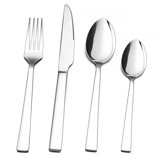 Herogo Cutlery Set, 32 Piece Stainless Steel Flatware Set Service for 8, Mirror Polished Silverware with Fork Spoon knife, Modern Silver Tableware, Dishwasher Safe, Anti-Rust