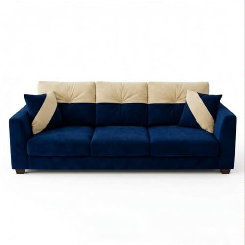 Image of Revola Plush Comfort Sofa | 3 Seater | Luxury Velvet Suede Fabric | Modern Living Room Sofa | Dark Blue - Cream