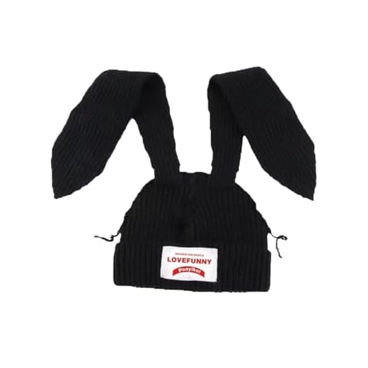 Knit Beanie Hats Cute Bunny Long Ears Grunge Hat Fluffy Winter Cap Warm Knit Rabbit Crochet Outdoor Slouchy Hat (Black,One Size)