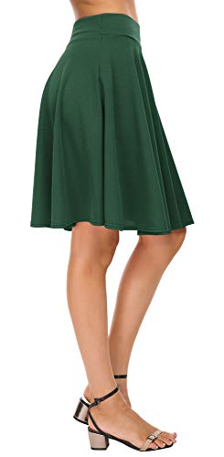 Exchic Women's Casual Stretchy Flared Mini Skater Skirt Basic A-Line Pleated Midi Skirt (S, Green) #TOP3