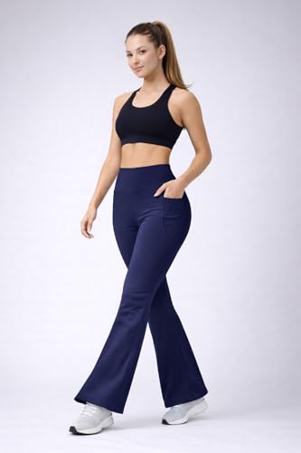 Image of Women's High Waist Bootcut Yoga Pants with Side Pockets | Flared Gym Leggings for Women | Stretchable Workout Bell Bottom Tights for Yoga, Gym, Running & Casual Wear Pack of 2