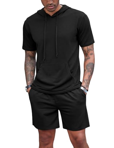 QUNERY Tute Estive Uomo Completo Uomo Estivo Spiaggia Tuta Da Tempo Libero 2 Pezzi Felpa con Cappuccio mit tasca + Pantaloncini Set Nero XL