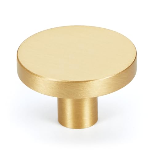 KOPPALIVE 5-Pack Gold Kitchen Cabinet Knobs, Solid Brass Knobs for Dresser Drawer, Round Minimalist Bathroom Cabinet Pulls, Modern Furniture Hardware, Brushed Finish, Diameter 1-3/16 Inch