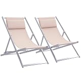 Outsunny Conjunto de 2 Tumbonas Plegables con Respaldo Regulable en 5 Posiciones y Reposacabezas Acolchado Incorporado 58x96,5 cm Beige