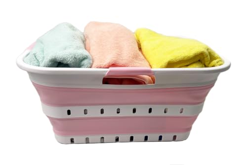 Image of SAMMART 42 (11 Gallons) Collapsible Plastic Laundry Basket, Foldable Pop Up Storage Container /Organizer, Space Saving Hamper, Portable Bin for Dorm Room Bathroom (1, White /Cherry Pink)