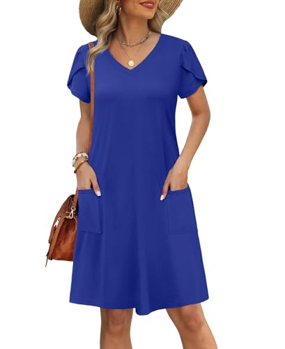 Image of OFEEFAN Womens Summer Dresses 2026 Tulip Petal Short Sleeve V Neck Loose Swing Sundresses with Pockets Plain /Print