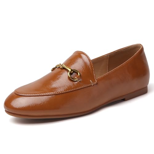 Image of Women's Classic Bit Loafers - Structured Faux Leather Business Work Flats, Comfortable Slip On Dress Shoes with Gold Metal Buckle (Updated True Size)