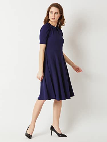 Image of Miss Chase Women's Wine Red Collared Round Neck Half Sleeve Solid Knee-Long Skater Dress