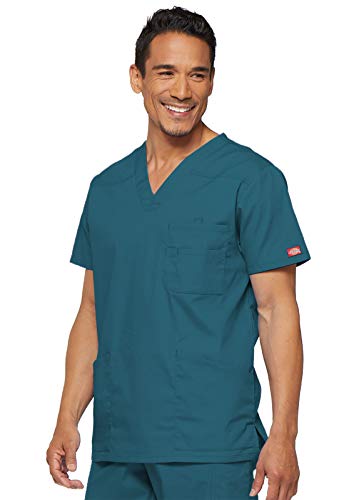 Image of Dickies Mens V-Neck Scrub Top with 5 Pockets - Medical & Nursing Uniform Shirt, Side Vents - 81906