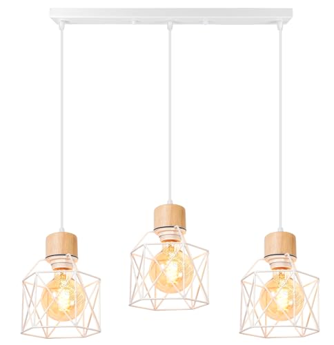 3 Luci Lampadario a Sospensione E27 Vintage Industriale Plafoniera Bianco Retro in Legno el Metallo gabbia Lampada da soffitto per Cucina Salotto Camera da Letto (Barra di 50cm- legno)