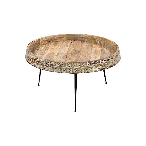 The Urban Port 29 Inch Modern Handcrafted Round Coffee Table, Natural Brown Wood Top with Carved Edge, Black Iron Legs Cover