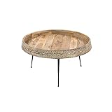 The Urban Port 29 Inch Modern Handcrafted Round Coffee Table, Natural Brown Wood Top with Carved Edge, Black Iron Legs