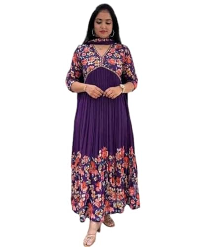 Image of KD Floral Printed Georgette Anarkali Suit for Women | Anarkali Kurta Set with Dupatta, Long Sleeve Kurti | Elegant Georgette Suit for Women Ethnic Kurti with Pant Asymmetric Hemline