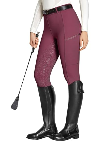 FitsT4 Sports Reitleggings Damen Reithose Silikon vollbesatz mit Handytasche und Gürtelschlaufen für Reitsport Pferdetraining,Weinrot,M