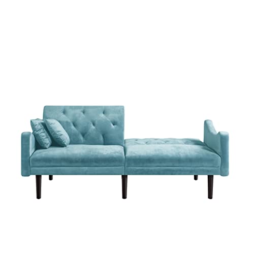 Yunlife 72.8" Modern Velvet Accent Upholstered Futon Sofa With 2 Pillows, Loveseat Convertible Sleeper Couch Bed, Folding Recliner For Living Room, Apartment And Small Space Furniture Sets, Blue #TOP2