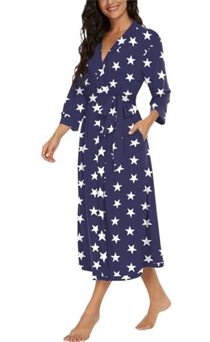 Image of VINTATRE Robes for Women Long Knit Bathrobe XS-4XL | 3 /4 Sleeve Bathrobes with Pockets, Stretchy and Lightweight Fabric, Inner Tie and Fixed Outer Matching Belt, Mid Calf Length