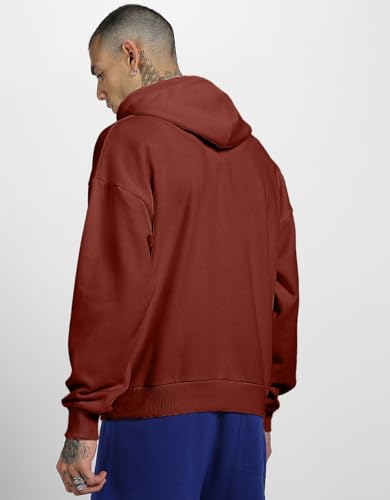 Image of Veirdo Fleece Oversized Baggy Fit Hooded Sweatshirt Drop Shoulder Typographic Logo Printed Full Sleeve Hoodie for Men (Avaiable in Colors: Copper Tan, Rust & Red)