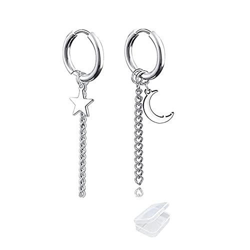 XHBTS Pendientes Colgantes Estilo Coreano de Acero Inoxidable sin Perforaciones o perforantes Pendientes Huggie Cadena con Borlas Pendientes de clip, Pendientes de Estrella y luna con Caja