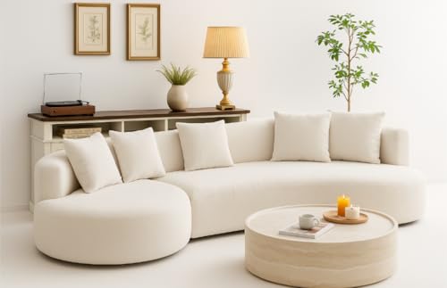 Image of Curved Sofa for Living Room - Modern Boucle Modular Sectional Set, 4 Seat Upholstered Couch for Bedroom, Home Office (Beige, 4 Seater)