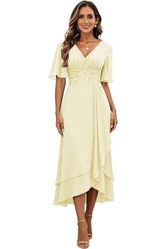 Image of Lace Applique Mother of Bride Dresses Chiffon Mother of the Groom Dresses Tea Length Formal Evening Dress with Sleeve