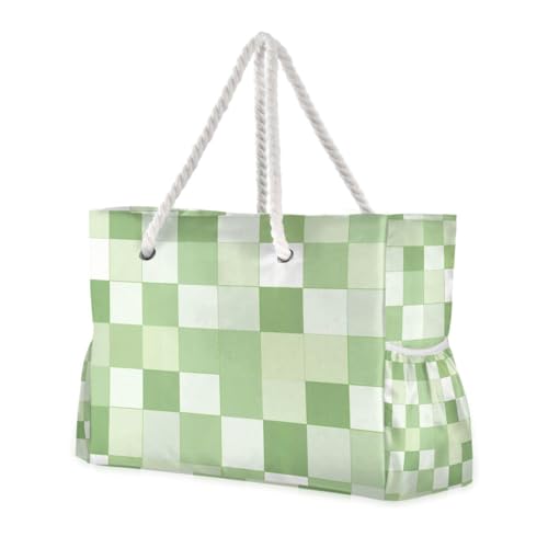 Light Green and White Checkered Pattern Waterproof beach tote bag with zipper big tote bags for women for Pool Gym Grocery Travel